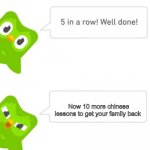 Duolingo 5 in a row | Now 10 more chinese lessons to get your family back | image tagged in duolingo 5 in a row | made w/ Imgflip meme maker