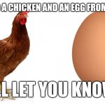 Which came first? | I ORDERED A CHICKEN AND AN EGG FROM AMAZON. I'LL LET YOU KNOW. | image tagged in chicken and egg,dad joke,humor,funny | made w/ Imgflip meme maker