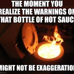 Remember kids, it comes out just as hot as it goes in..... | THE MOMENT YOU REALIZE THE WARNINGS ON THAT BOTTLE OF HOT SAUCE; MIGHT NOT BE EXAGGERATION | image tagged in toilet fire,hot sauce,too hot,circle of life,spicy,food | made w/ Imgflip meme maker