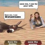 20 upvotes and I put this in politics | Kill all world leaders | image tagged in a donkey and a girl | made w/ Imgflip meme maker