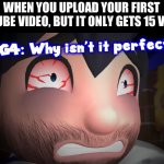 Why isn’t it perfect? | WHEN YOU UPLOAD YOUR FIRST YOUTUBE VIDEO, BUT IT ONLY GETS 15 VIEWS: | image tagged in why isn t it perfect,memes,smg4,youtube | made w/ Imgflip meme maker