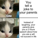 I wanted to make you laugh… | You tell a joke to your parents; Instead of laughing, your parents give you a 2 hours speech about how you are a will not succed in life | image tagged in cute cat hehe and not hehe,memes,funny,relatable,parents,joke | made w/ Imgflip meme maker