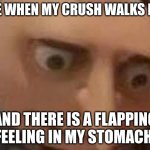 Gru Face | ME WHEN MY CRUSH WALKS BY; AND THERE IS A FLAPPING FEELING IN MY STOMACH | image tagged in gru face | made w/ Imgflip meme maker