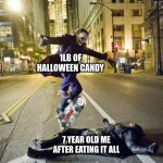 dies | 1LB OF HALLOWEEN CANDY; 7 YEAR OLD ME AFTER EATING IT ALL | image tagged in joker skateboarding over bat man,fonnay,funny memes,memes,fun stream,halloween | made w/ Imgflip meme maker