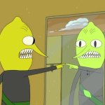 Lemongrab pointing at self in the mirror