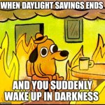 I don't like it. X( | WHEN DAYLIGHT SAVINGS ENDS; AND YOU SUDDENLY WAKE UP IN DARKNESS | image tagged in this is fine,daylight savings,funny,relatable,anxiety,memes | made w/ Imgflip meme maker