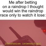 Why though lol | Me after betting on a raindrop I thought would win the raindrop race only to watch it lose: | image tagged in confusion intensifies | made w/ Imgflip meme maker