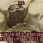 Relatable | ME:; *PRETENDS TO BE ASLEEP WHEN MY MOM COMES IN* | image tagged in mexican alien,kids,mom,asleep | made w/ Imgflip meme maker