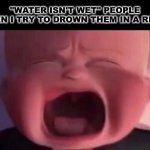 REPLACED THE ORIGINAL WORD, GET REAL FURIOUS | "WATER ISN'T WET" PEOPLE WHEN I TRY TO DROWN THEM IN A RIVER | image tagged in boss baby crying,water,river,drown,twitter,trash | made w/ Imgflip meme maker