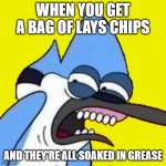 OK, "all" is kind of a stretch. Probably just the chips from the bottom of the bag. | WHEN YOU GET A BAG OF LAYS CHIPS; AND THEY'RE ALL SOAKED IN GREASE | image tagged in disgusted mordecai,memes,potato chips,lays,grease,so yeah | made w/ Imgflip meme maker