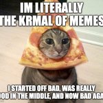 I just wanna mod streams and get tons of memes featured but that’s kinda hard to do rn | IM LITERALLY THE KRMAL OF MEMES; I STARTED OFF BAD, WAS REALLY GOOD IN THE MIDDLE, AND NOW BAD AGAIN | image tagged in pizza cat | made w/ Imgflip meme maker