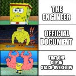 Tech engineered 2030 be like: | BEGINNER PROGRAMMERS; THE ENGINEER; OFFICIAL DOCUMENT; THAT ONE GUY IN STACK-OVERFLOW; CHATGPT | image tagged in sponge bob strength,funny,meme,techmeme,fun | made w/ Imgflip meme maker