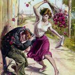 women beat man with flowers