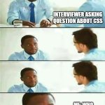 Interview meme | INTERVIEWER ASKING QUESTION ABOUT CSS; ME: WHO DON'T EVEN KNOW WHAT IS CSS? | image tagged in interview meme | made w/ Imgflip meme maker