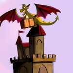 A dragon holding a wooden box flying on top of a castle tower