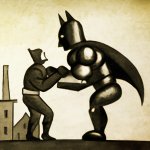 batman fighting an iron golem