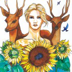 Blonde woman with many Deer and sunflowers