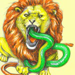 A lion eating a snake