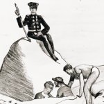 Napoleon sits on a rock Holding a stick, with 2 people behind hi