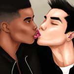 Asian guy and black guy kissing