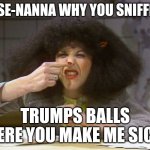 Nana | ROSE-NANNA WHY YOU SNIFFING; TRUMPS BALLS  HERE YOU MAKE ME SICK | image tagged in rosanna | made w/ Imgflip meme maker