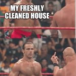 Clean house | MY FRESHLY CLEANED HOUSE; MY KID | image tagged in hbk austin middle finger | made w/ Imgflip meme maker
