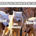 Highlights Of The Book | ORDER OF THE PHEONIX IN A NUTSHELL:; Fred; George; Mrs. Weasley | image tagged in laughing wolf,harry potter,fred,george | made w/ Imgflip meme maker