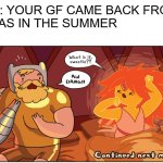 Texas | POV: YOUR GF CAME BACK FROM 
TEXAS IN THE SUMMER | image tagged in hot morning,funny,memes,spicy,adventure time | made w/ Imgflip meme maker