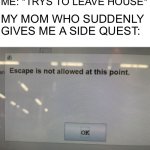 No escape | ME: *TRYS TO LEAVE HOUSE*; MY MOM WHO SUDDENLY GIVES ME A SIDE QUEST: | image tagged in no escape | made w/ Imgflip meme maker