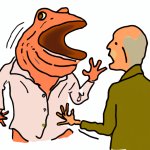 a frog yelling to a creepy man