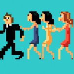 Man being chased by several ladies