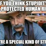 Sam Elliott special kind of stupid | IF YOU THINK STUPIDITY IS A PROTECTED HUMAN RIGHT; YOU'RE A SPECIAL KIND OF STUPID | image tagged in sam elliott special kind of stupid,meme,memes | made w/ Imgflip meme maker