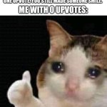 At least I made myself smile | EVERYONE: EVEN IF YOU ONLY GOT ONE UPVOTE, YOU STILL MADE SOMEONE SMILE. ME WITH 0 UPVOTES: | image tagged in sad thumbs up cat | made w/ Imgflip meme maker