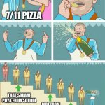 "Pizza" | 7/11 PIZZA; THAT SQUARE PIZZA FROM SCHOOL; DIRT FROM BEHIND A PIZZA HUT; QT PIZZA; 7/11 PIZZA | image tagged in 9th place guy celebrating | made w/ Imgflip meme maker