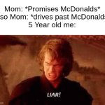Anakin Liar | Mom: *Promises McDonalds*
Also Mom: *drives past McDonalds*
5 Year old me: | image tagged in anakin liar | made w/ Imgflip meme maker