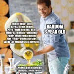 Every 6 year old. | SKIBIDI TOILET OHIO RIZZ KAI CENAT GRIDDY PIZZA TOWER BFDI FNAF BLUE SMURF CAT ROBLOX TURBULENCE FRIDAY NIGHT FUNKIN DREAM SMP FEMBOY UNDERTALE SANS GACHA LIFE AMONGUS RED IMPOSTER; RANDOM 6 YEAR OLD; A NORMAL AND REASONABLE CONVERSATION BETWEEN MATURE PEOPLE | image tagged in guy pouring olive oil on the salad,memes,dies from cringe | made w/ Imgflip meme maker
