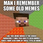 man the nostalgia | MAN I REMEMBER SOME OLD MEMES; LIKE THIS MEME WHERE IF YOU JOINED HARDCORE IT WAS YOLO AND ITS BEEN AWHILE SINCE I HAVE SEEN SOME OF THESE TYPES OF MEMES | image tagged in minecraft steve | made w/ Imgflip meme maker