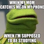 Kermit The Frog | WHEN MY MOM CATCHES ME ON MY PHONE; WHEN I'M SUPPOSED TO BE STUDYING | image tagged in kermit the frog | made w/ Imgflip meme maker
