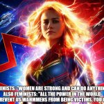 Two Sides to Feminism | FEMINISTS: "WOMEN ARE STRONG AND CAN DO ANYTHING!"
ALSO FEMINISTS: "ALL THE POWER IN THE WORLD CAN'T PREVENT US WAHMMENS FROM BEING VICTIMS, YOU GUYS!!!" | image tagged in captain marvel racist,nothing will ever be enough,women suck | made w/ Imgflip meme maker