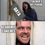 Modern Teaching | TEACHER’S OFF PERIOD; DATA; ACADEMIC 
COACHES: | image tagged in jack torrance axe shining,education,teacher,teacher meme,teaching | made w/ Imgflip meme maker