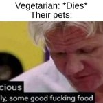 Gordon Ramsay some good food | Vegetarian: *Dies*
Their pets: | image tagged in gordon ramsay some good food | made w/ Imgflip meme maker