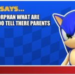 Oh gawd | KILL AN ORPHAN WHAT ARE THEY GONNA DO TELL THERE PARENTS | image tagged in sonic says s asr | made w/ Imgflip meme maker