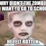 The I like Turtles kid | WHY DIDN'T THE ZOMBIE KID WANT TO GO TO SCHOOL? HE FELT ROTTEN. | image tagged in the i like turtles kid | made w/ Imgflip meme maker