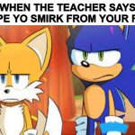 School be like 2 | WHEN THE TEACHER SAYS WHIPE YO SMIRK FROM YOUR FACE | image tagged in dissapointed sonic and tails,sonic the hedgehog,sonic,school,relatable,tails the fox | made w/ Imgflip meme maker