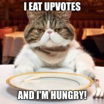 Please feed him! He's hungry! | I EAT UPVOTES; AND I'M HUNGRY! | image tagged in hungry cat | made w/ Imgflip meme maker