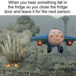 POV: your the next person who opens it | When you hear something fall in the fridge so you close the fridge door and leave it for the next person: | image tagged in plane flying from explosions,memes | made w/ Imgflip meme maker