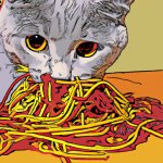 A cat eating spaghetti