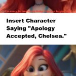 Who accepts Chelsea Van Der Zee's apology? meme