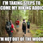 Hiking addiction | I'M TAKING STEPS TO OVERCOME MY HIKING ADDICTION; BUT I'M NOT OUT OF THE WOODS YET | image tagged in hiking | made w/ Imgflip meme maker