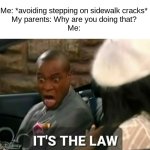 It's the law | Me: *avoiding stepping on sidewalk cracks*
My parents: Why are you doing that?
Me: | image tagged in it's the law | made w/ Imgflip meme maker